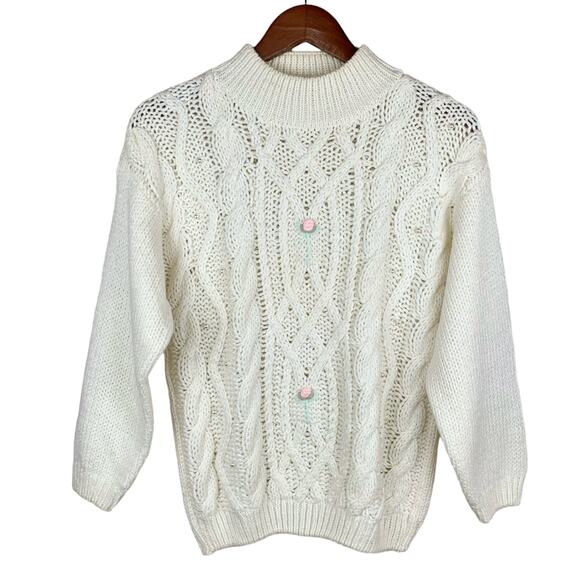 Vintage Perfect Designs Sweater Cream Hand Knitted Pearls Flowers Women’s S - Picture 1 of 7
